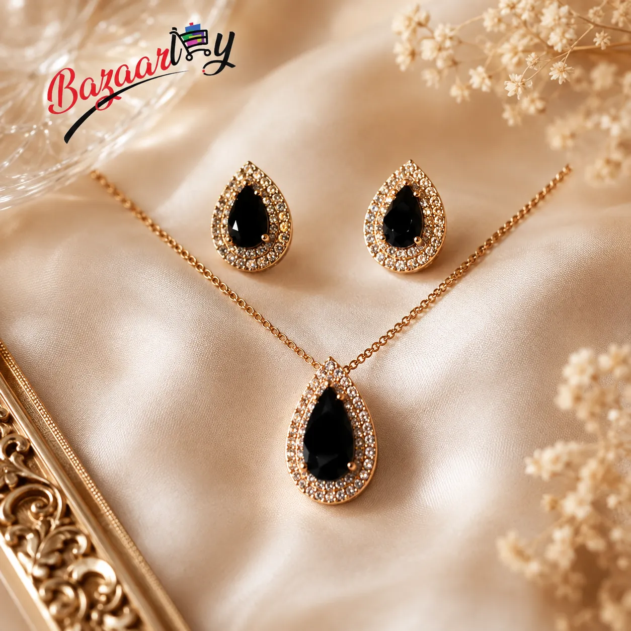 Elegant Black Teardrop Necklace & Earrings Set for Women – Gold-Tone Fashion Jewelry